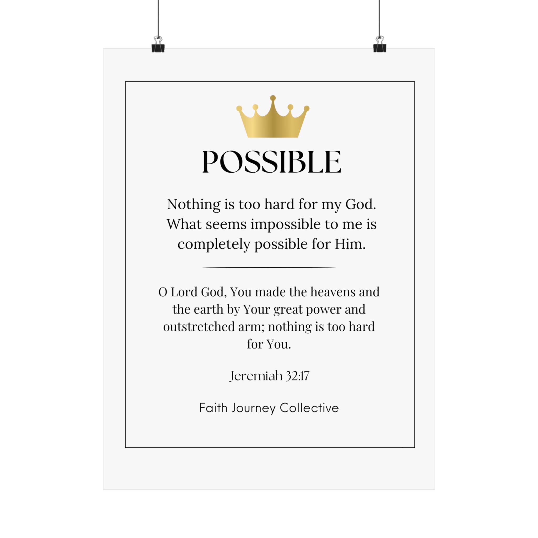 "Possible" Christian Scripture Wall Art Poster – Bible Verse Affirmation Prints for Home, Office & Prayer Space | Faith Journey Collective