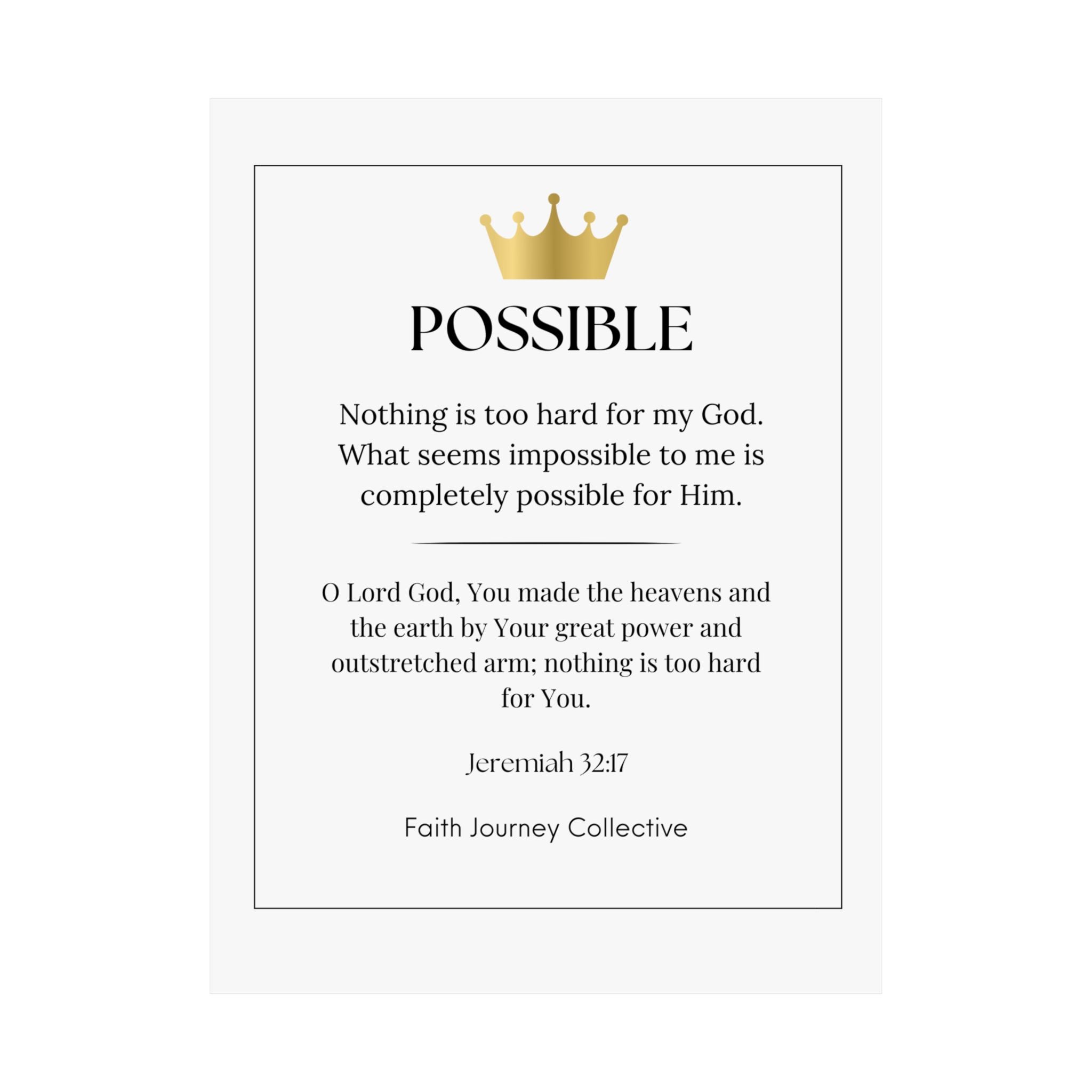 "Possible" Christian Scripture Wall Art Poster – Bible Verse Affirmation Prints for Home, Office & Prayer Space | Faith Journey Collective