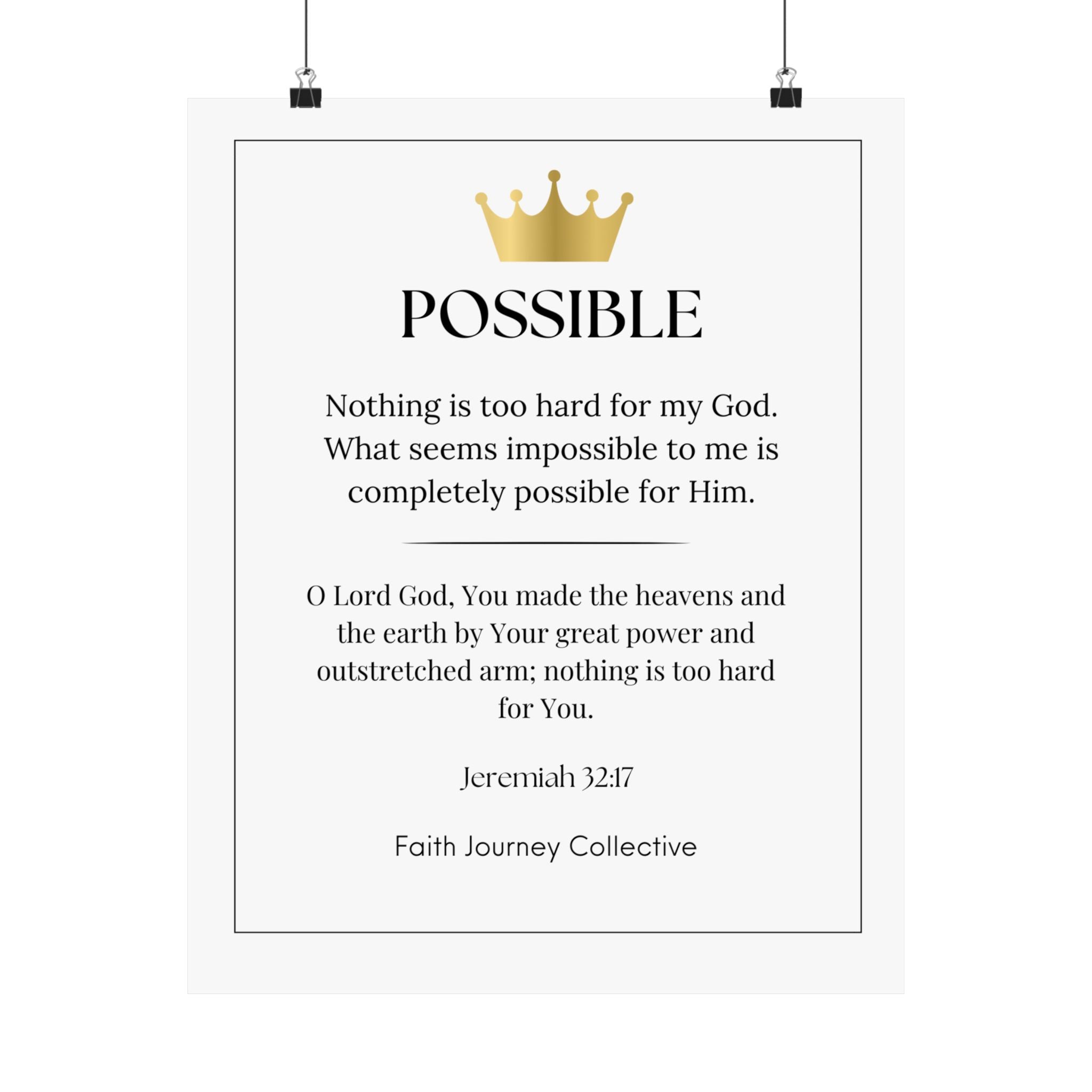 "Possible" Christian Scripture Wall Art Poster – Bible Verse Affirmation Prints for Home, Office & Prayer Space | Faith Journey Collective